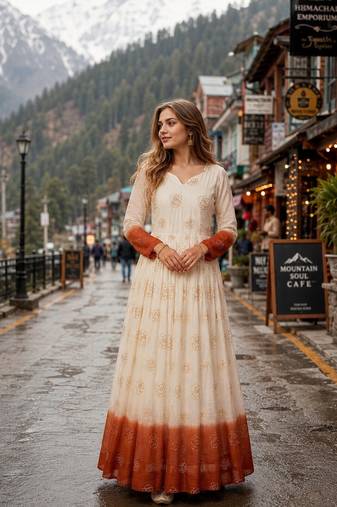 brown&white silk blend readymade anarkali suit with embroidery & Sequin work