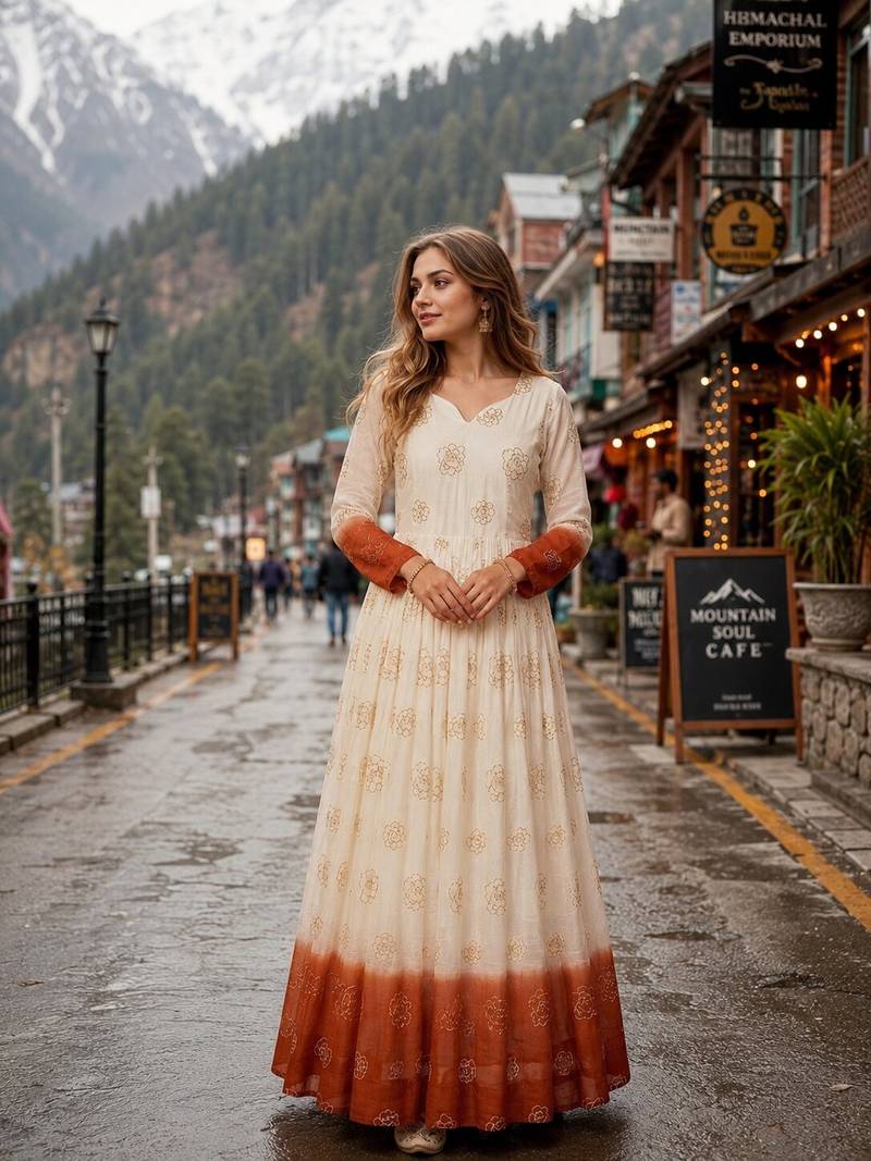 brown&white silk blend readymade anarkali suit with embroidery & Sequin work