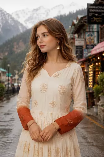 brown&white silk blend readymade anarkali suit with embroidery & Sequin work