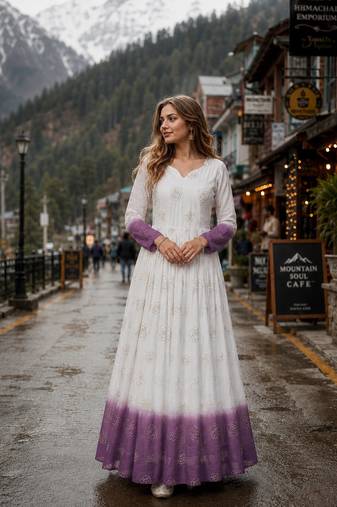 lavender&white silk blend readymade anarkali suit with embroidery & Sequin work