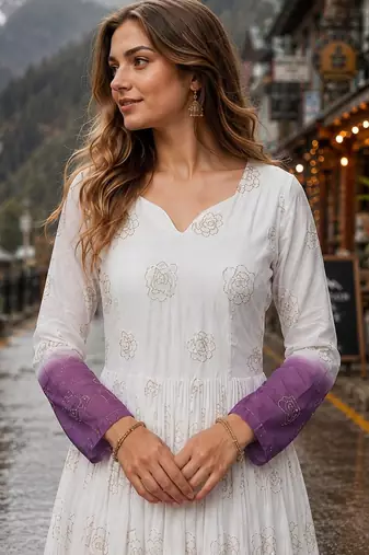 lavender&white silk blend readymade anarkali suit with embroidery & Sequin work