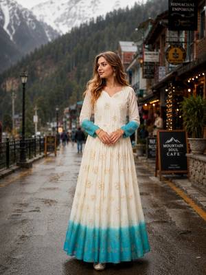 blue&white silk blend readymade anarkali suit with embroidery & Sequin work 1