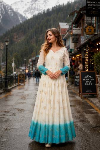 blue&white silk blend readymade anarkali suit with embroidery & Sequin work