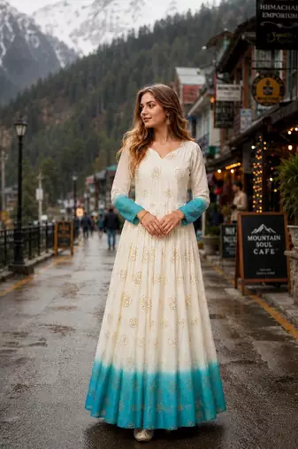blue&white silk blend readymade anarkali suit with embroidery & Sequin work