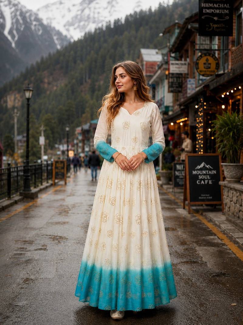 blue&white silk blend readymade anarkali suit with embroidery & Sequin work