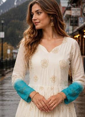blue&white silk blend readymade anarkali suit with embroidery & Sequin work 2