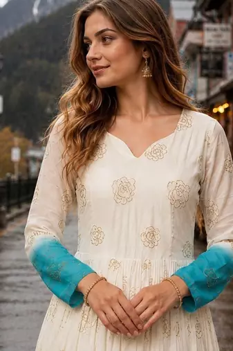 blue&white silk blend readymade anarkali suit with embroidery & Sequin work