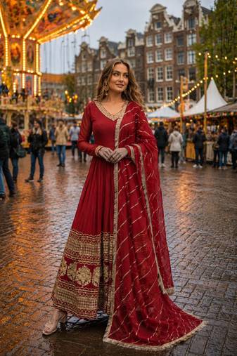 maroon faux georgette readymade anarkali suit with embroidery & Sequin work