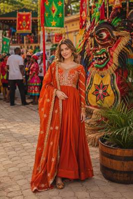 orange silk blend readymade anarkali suit with embroidery & zari Sequin work 1