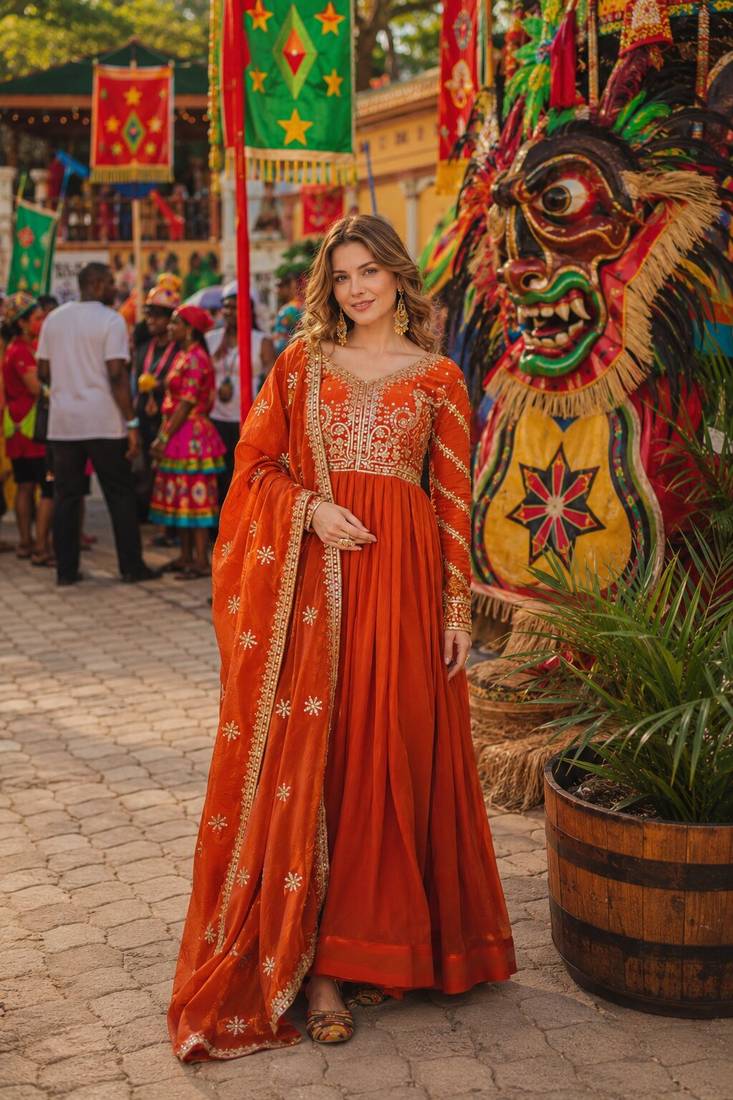 orange silk blend readymade anarkali suit with embroidery & zari Sequin work