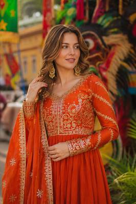 orange silk blend readymade anarkali suit with embroidery & zari Sequin work 2