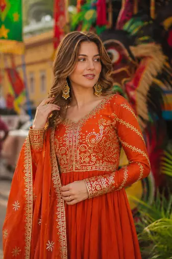 orange silk blend readymade anarkali suit with embroidery & zari Sequin work