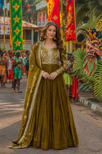 mehendi silk blend readymade anarkali suit with embroidery & zari Sequin work