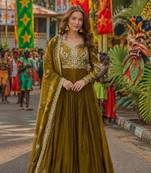 mehendi silk blend readymade anarkali suit with embroidery & zari Sequin work