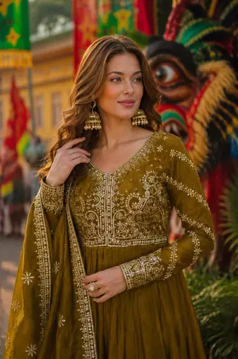 mehendi silk blend readymade anarkali suit with embroidery & zari Sequin work