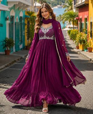 purple faux georgette readymade anarkali suit with embroidery & beads work 1