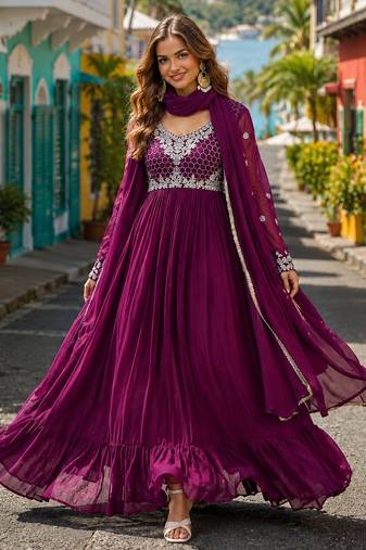 purple faux georgette readymade anarkali suit with embroidery & beads work