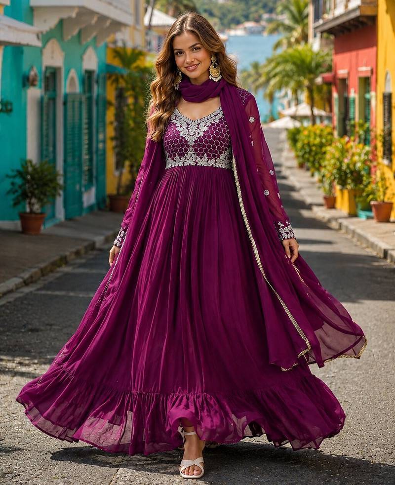 purple faux georgette readymade anarkali suit with embroidery & beads work