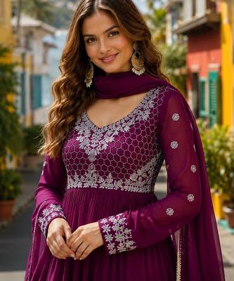 purple faux georgette readymade anarkali suit with embroidery & beads work 2