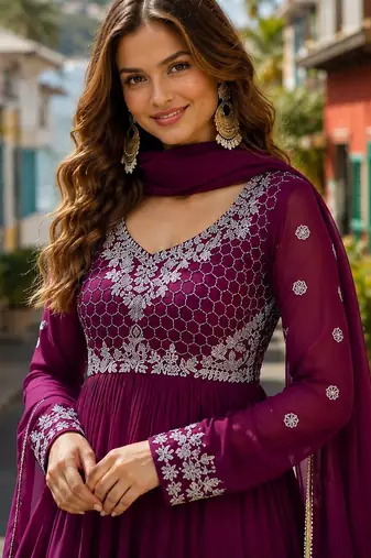 purple faux georgette readymade anarkali suit with embroidery & beads work
