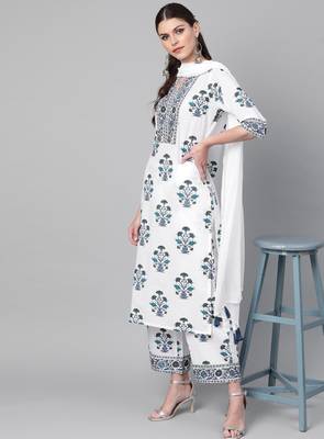 Women white & navy blue floral printed kurta with palazzos & dupatta 1