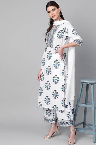 Women white & navy blue floral printed kurta with palazzos & dupatta