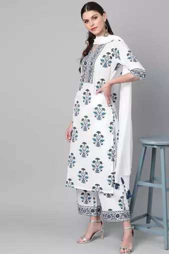 Women white & navy blue floral printed kurta with palazzos & dupatta