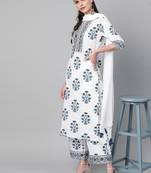 Women white & navy blue floral printed kurta with palazzos & dupatta