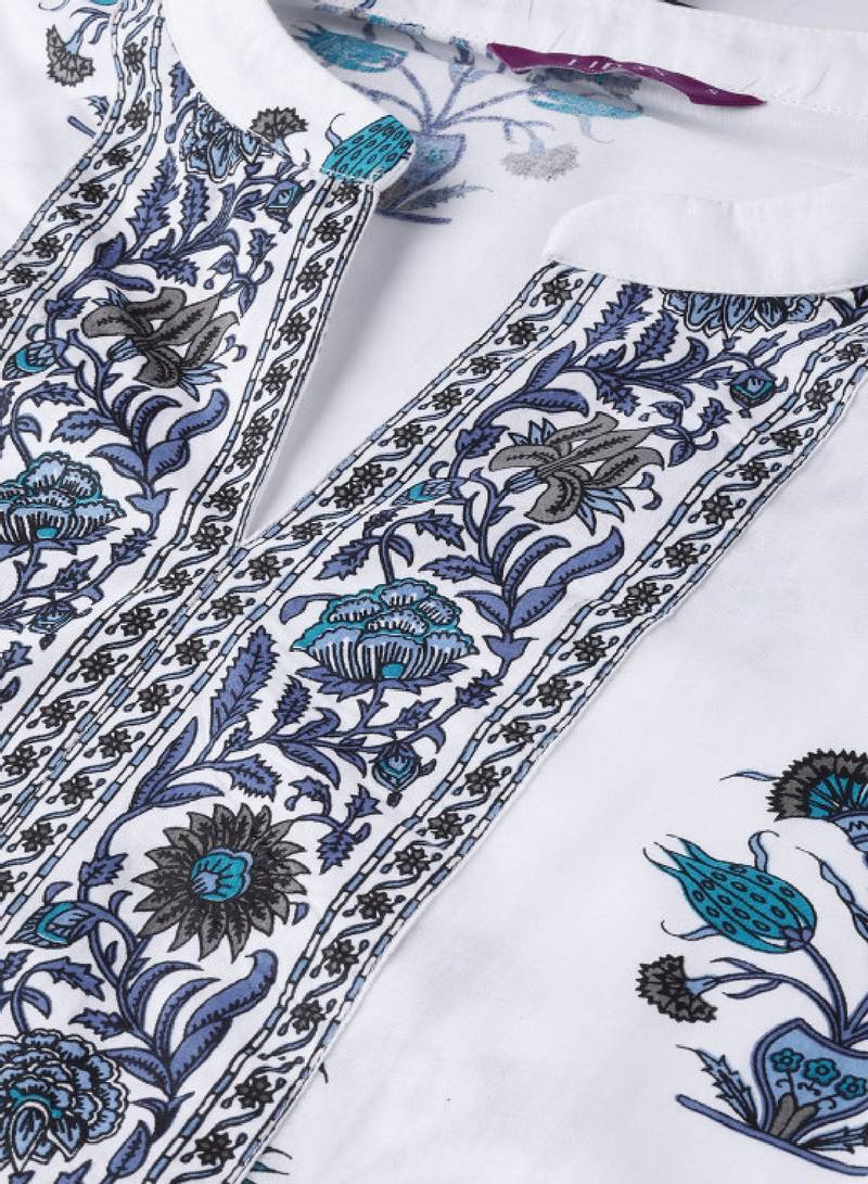 Women white & navy blue floral printed kurta with palazzos & dupatta