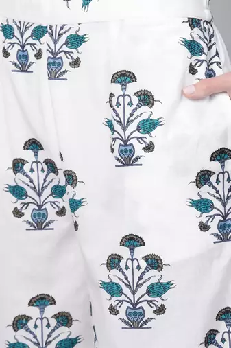 Women white & navy blue floral printed kurta with palazzos & dupatta
