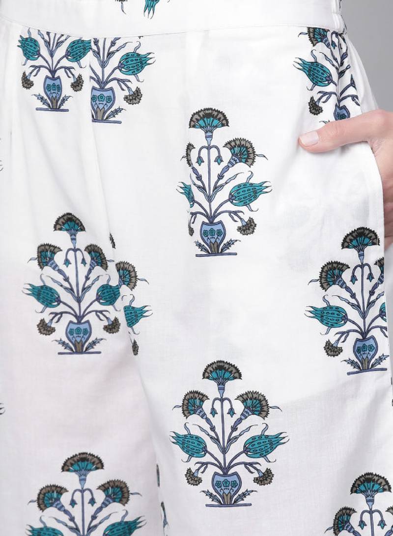 Women white & navy blue floral printed kurta with palazzos & dupatta