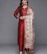 Maroon zari work textured kurta with trouser and printed dupatta