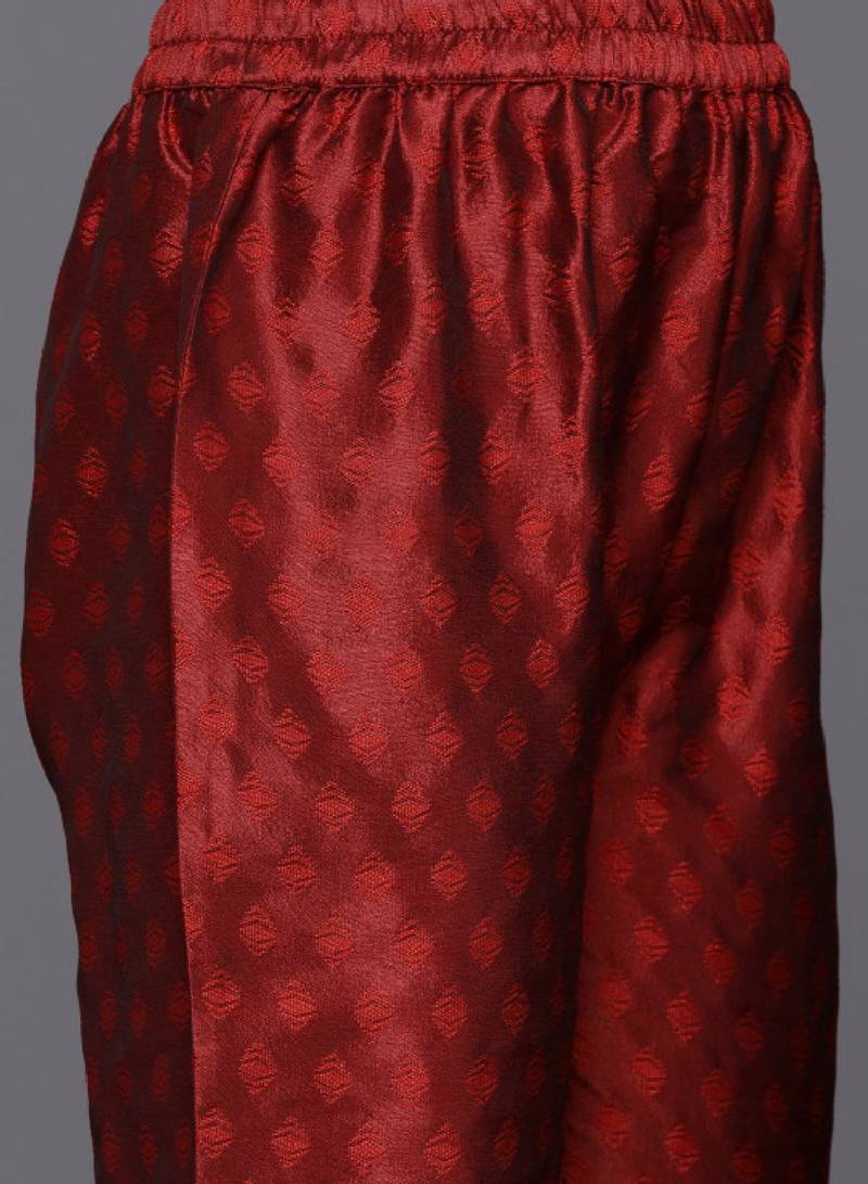 Maroon zari work textured kurta with trouser and printed dupatta