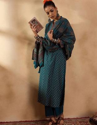 Ethnic motifs printed regular pure cotton straight kurta with trousers & dupatta 2