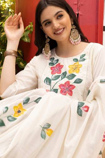 Ishin off- white hand painted floral embellished kurta with pants and dupatta