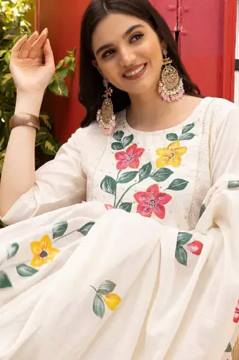 Ishin off- white hand painted floral embellished kurta with pants and dupatta