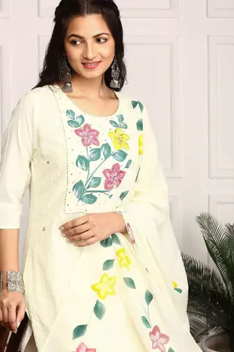 Ishin off- white hand painted floral embellished kurta with pants and dupatta
