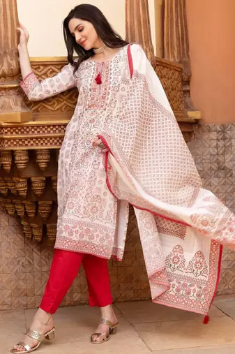 Embellished ethnic motifs printed tie up kurta with pants and printed dupatta