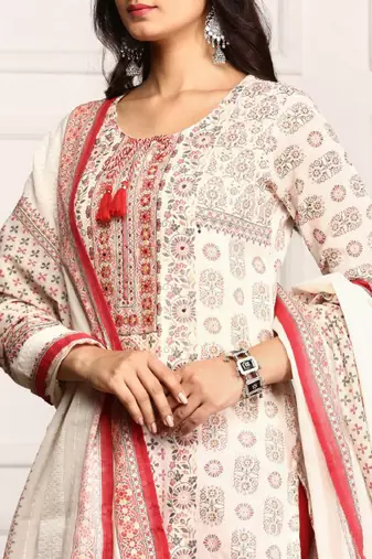 Embellished ethnic motifs printed tie up kurta with pants and printed dupatta