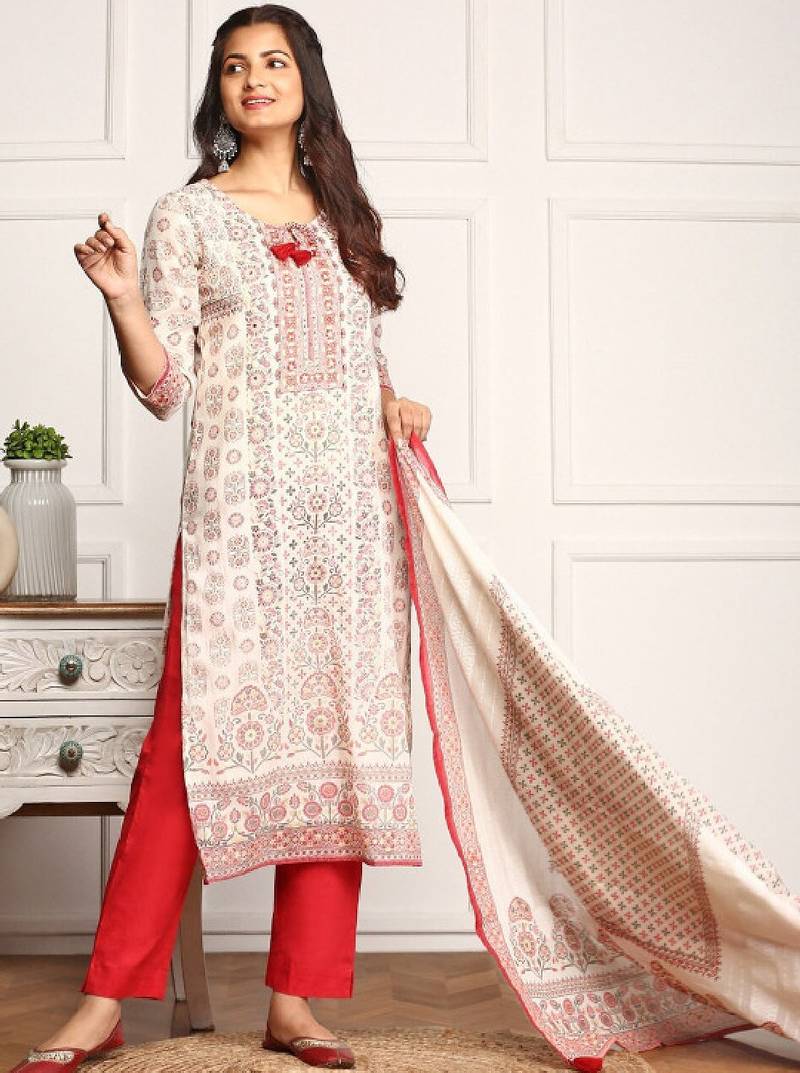 Embellished ethnic motifs printed tie up kurta with pants and printed dupatta