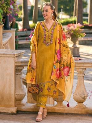 Striped thread work pure cotton bell sleeves straight kurta & trousers & dupatta 1