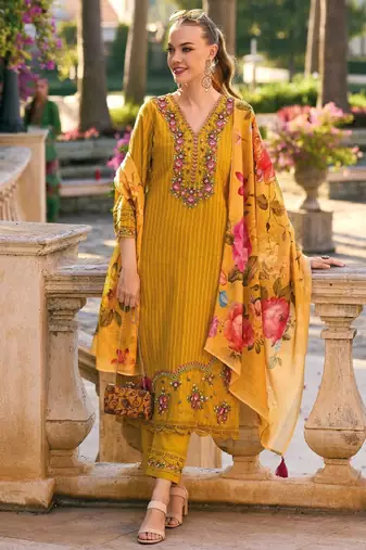 Striped thread work pure cotton bell sleeves straight kurta & trousers & dupatta