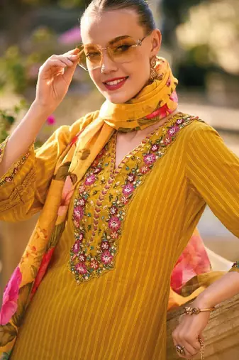 Striped thread work pure cotton bell sleeves straight kurta & trousers & dupatta