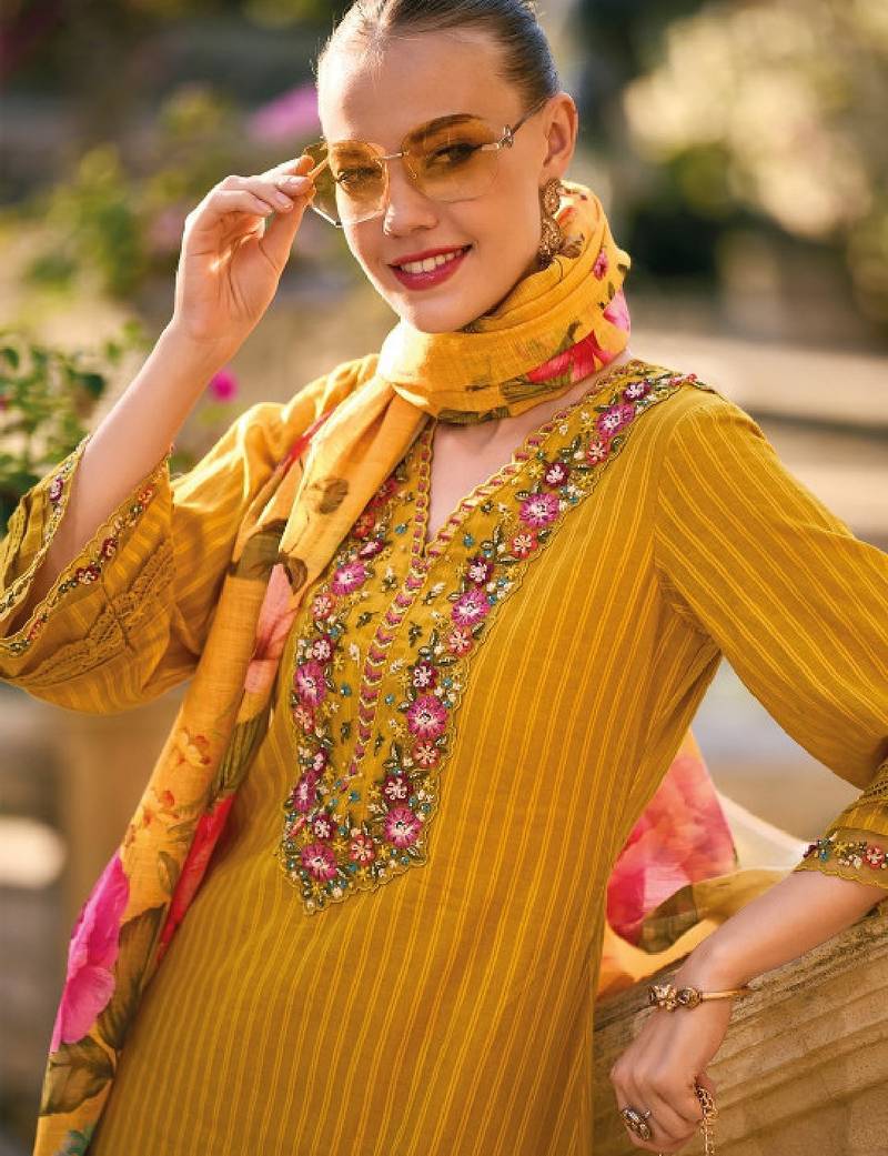Striped thread work pure cotton bell sleeves straight kurta & trousers & dupatta