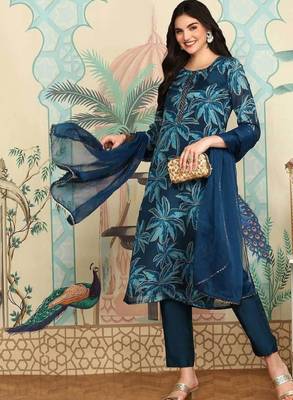 Navy blue floral printed beads and stones straight kurta with trousers & dupatta 1