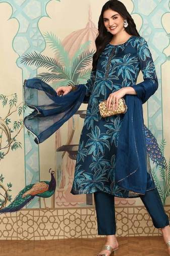 Navy blue floral printed beads and stones straight kurta with trousers & dupatta