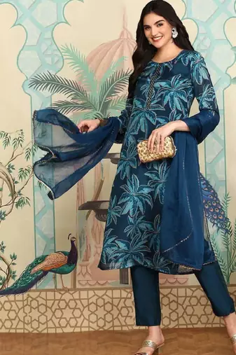Navy blue floral printed beads and stones straight kurta with trousers & dupatta