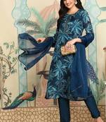Navy blue floral printed beads and stones straight kurta with trousers & dupatta