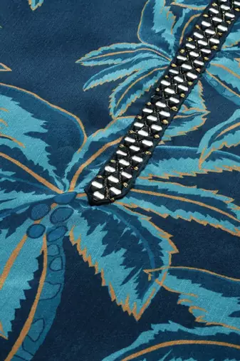 Navy blue floral printed beads and stones straight kurta with trousers & dupatta