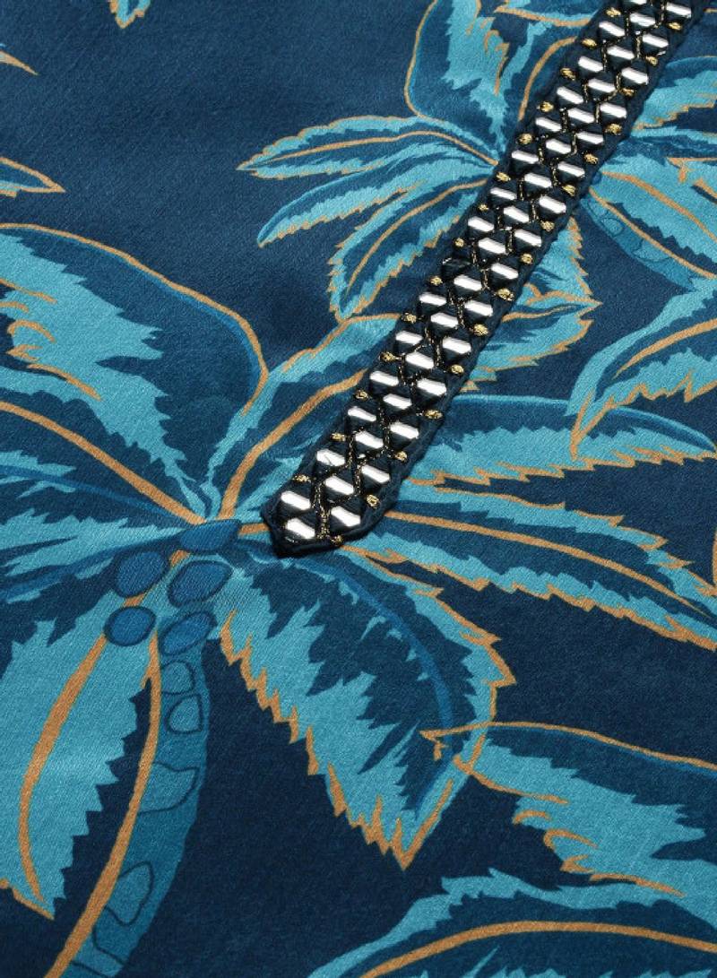 Navy blue floral printed beads and stones straight kurta with trousers & dupatta